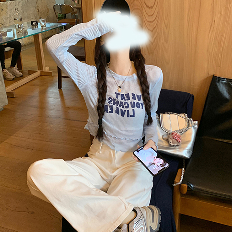 甜酷风字母印花针织长袖T恤女夏季美式薄款蓝色防晒罩衫短款上衣