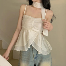 批发韩版可拆卸花朵设计感<b class='q'>雪纺</b><b class='q'>衫</b><b class='q'>双层</b>荷叶边挂脖吊带<b class='q'>背心</b><b class='q'>上衣</b>