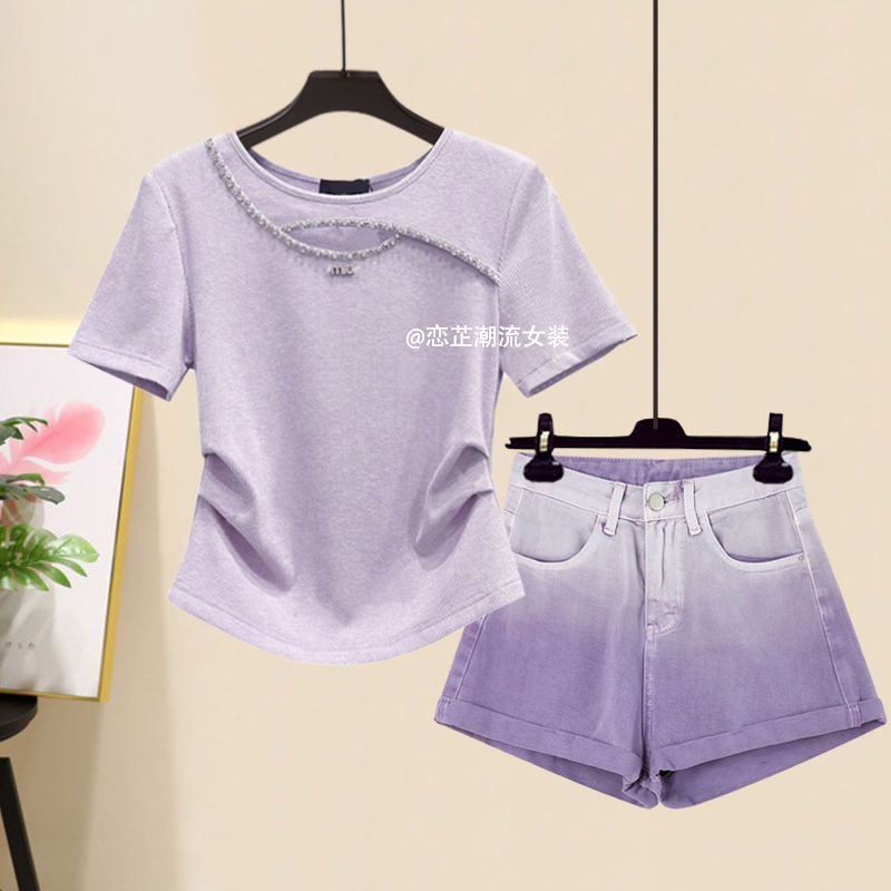 LN39491# 多巴胺女孩穿搭夏季辣妹紫色短袖T恤显瘦渐变牛仔短裤两件套 服裝批發女裝批發服飾貨源