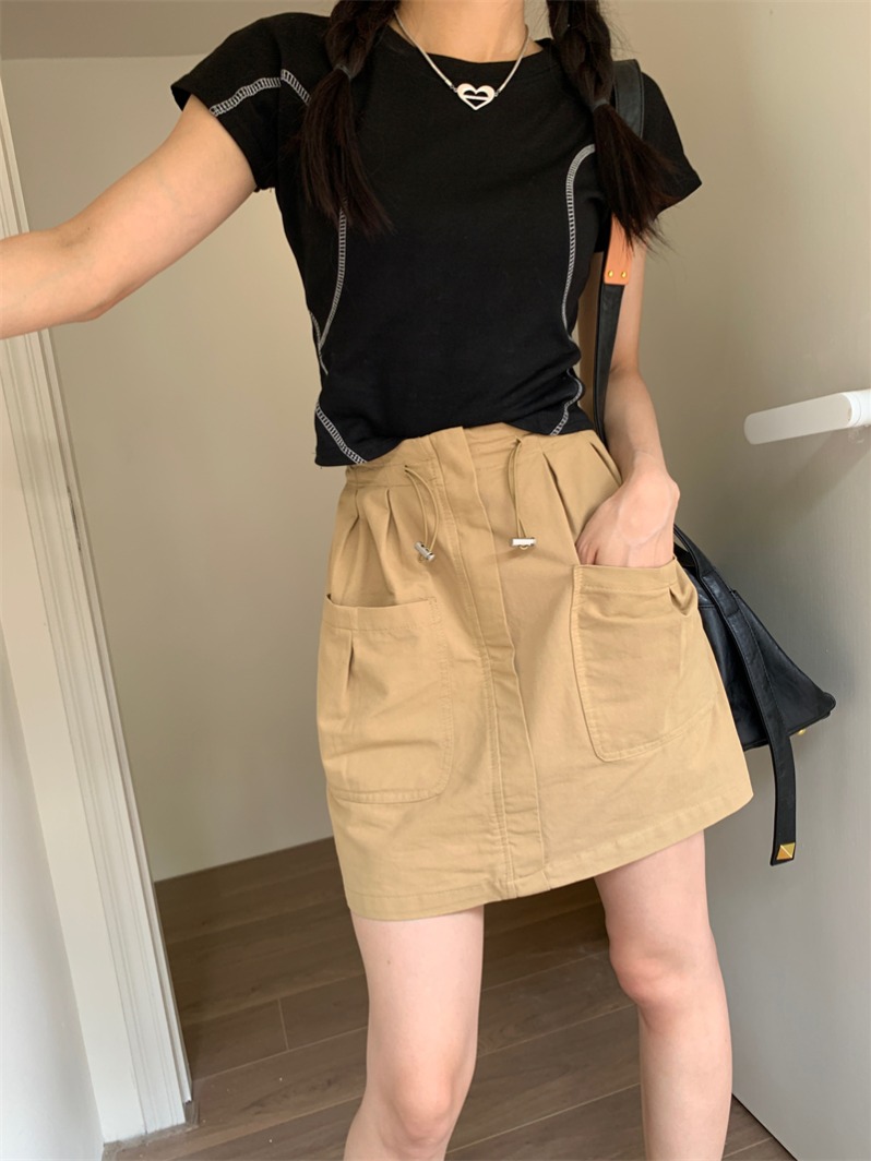 Real shot 2024 summer new Korean style casual high-waisted elastic A-line fashion workwear skirt