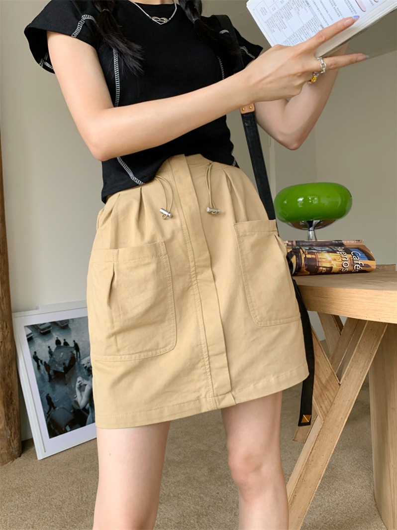 Real shot 2024 summer new Korean style casual high-waisted elastic A-line fashion workwear skirt