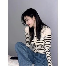 批发白鹿<b class='q'>同款</b>polo翻领条纹羊毛针织衫女春秋修身长袖打底衫毛衣上衣薄