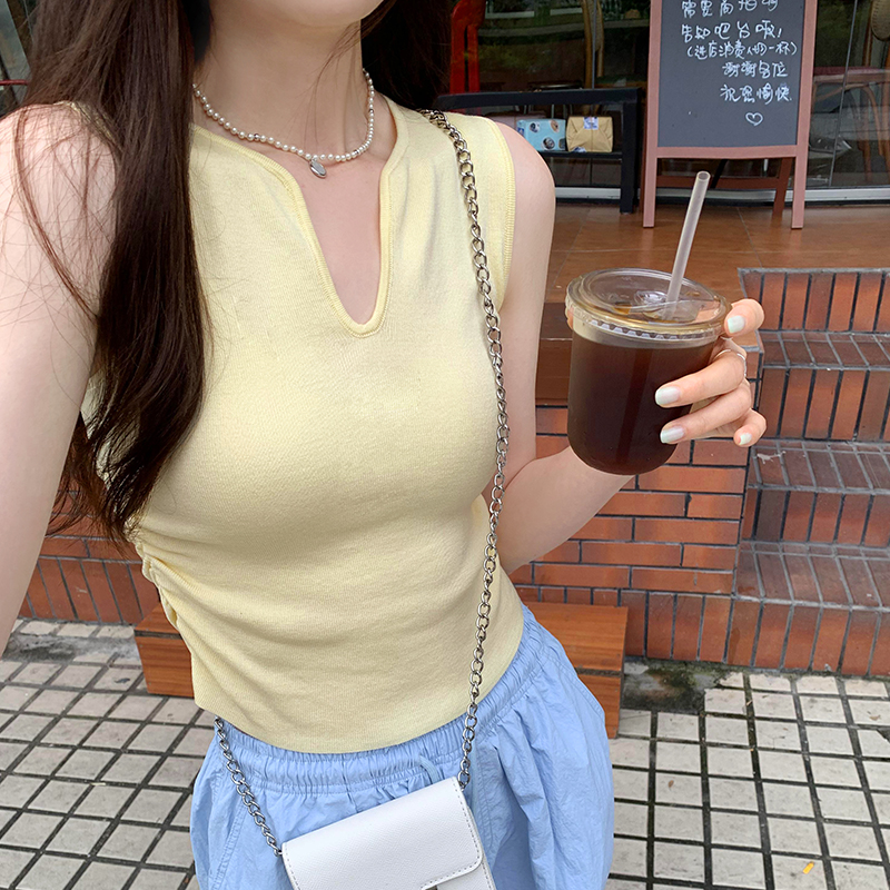 實拍圖港風高級感收腰抽褶V領背心女夏新款外穿氣質無袖顯瘦上衣