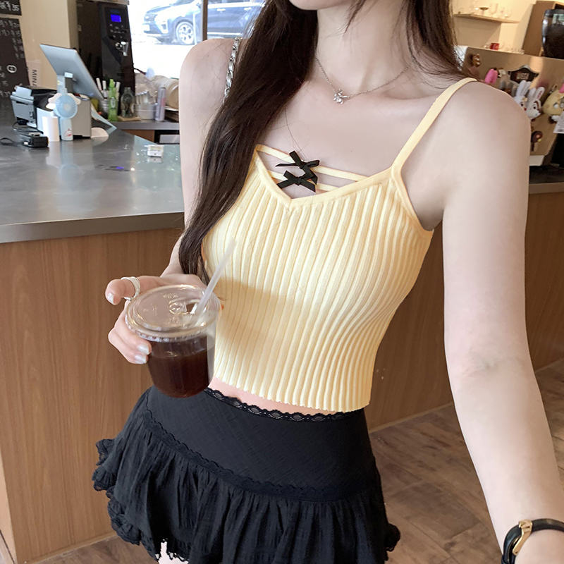 實拍圖泰式音樂節辣妹穿搭蝴蝶結吊帶女夏外穿純欲鏤空打底上衣