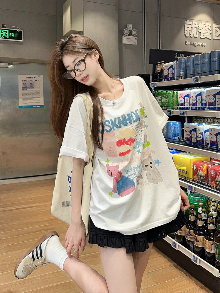 實拍！純棉印花短袖T恤女+芭蕾風高腰顯瘦蛋糕裙女+闊腿裙褲套裝