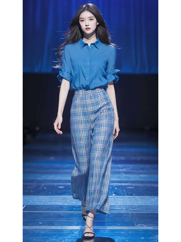 서리가 내린 바람 소금 부서 착용 가져 가라. 여성 파란색 쉬폰 셔츠 체크무늬 와이드 레그 팬츠 세트 여름 드레스 코디 전체 집합 한 부서