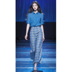 批发冷淡风盐系穿搭女蓝色雪纺衬衫格纹阔腿裤套装夏装搭配一整套韩系