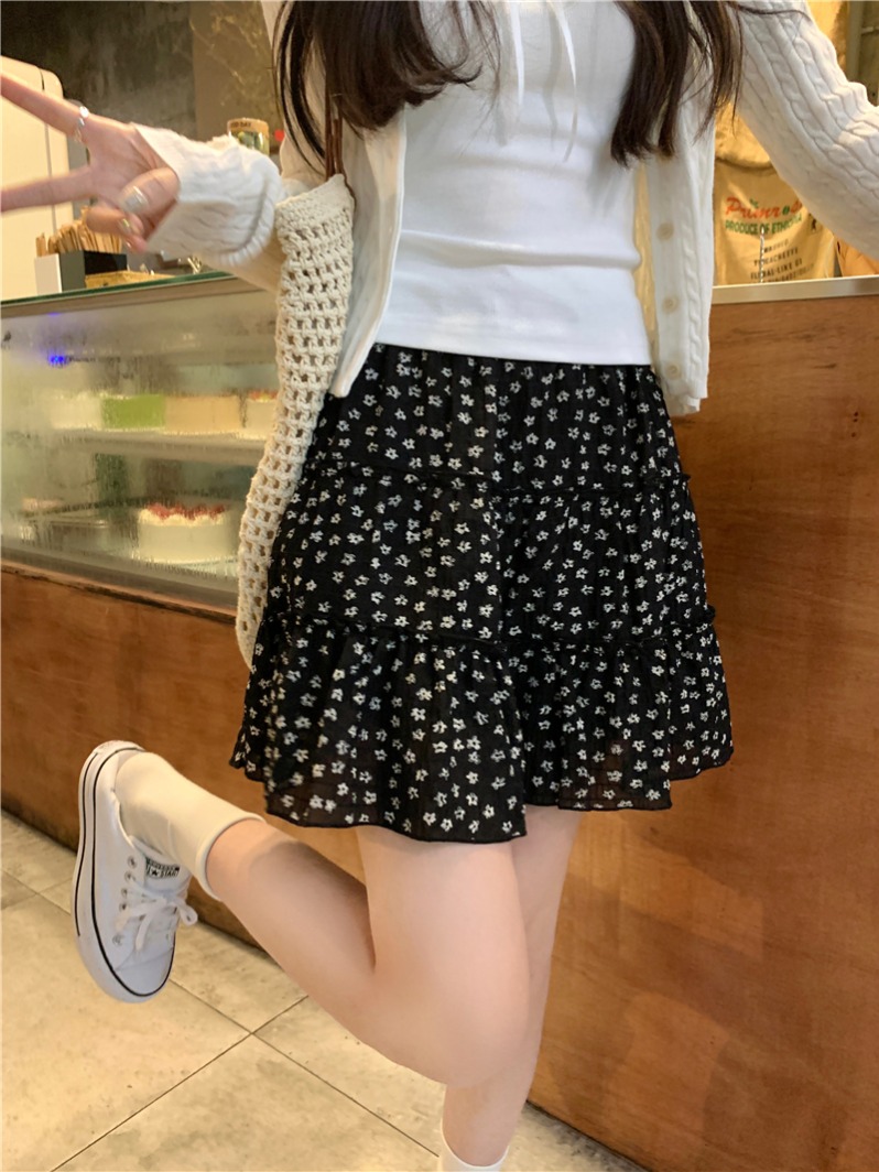 Original fabric floral skirt for women summer high waist A-line skirt sweet style cake skirt short skirt black skirt