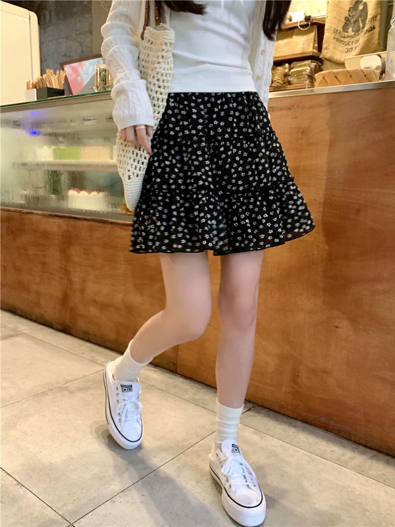 Original fabric floral skirt for women summer high waist A-line skirt sweet style cake skirt short skirt black skirt