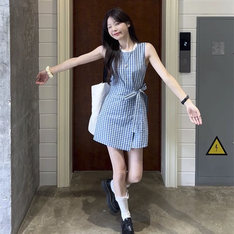 French blue and white plaid lace-up vest dress for women summer 2024 new temperament casual versatile sleeveless short skirt