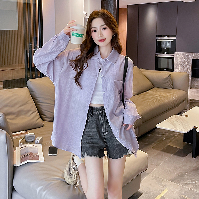 실사 특별 가격 폴리에스터 여름 2026 단색 자외선 차단 POLO 칼라 오픈 가디건 긴팔 루즈핏 셔츠 여성