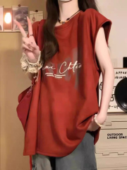 麂皮面料美式無袖t恤女坎肩砍袖背心上衣服