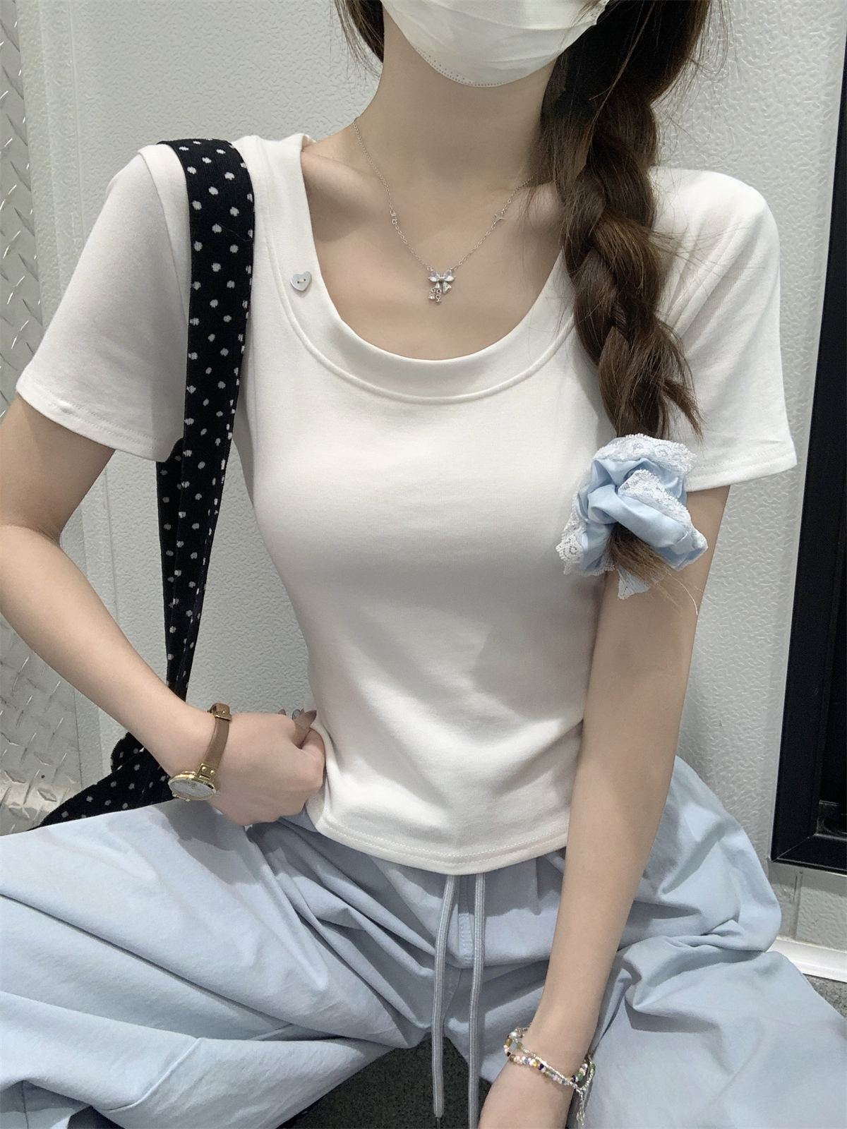實拍 夏季韓版u領正肩純色露腰設計感百搭純棉短袖T恤上衣