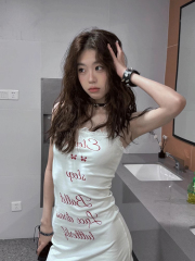 美式辣妹蕾絲拼接設計吊帶裙女ins風無袖收腰顯瘦字母印花a字裙夏