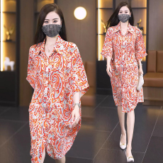 批发2024夏季新款韩版胖MM大码POLO领遮肉衬衫连衣裙中长款休闲宽松型