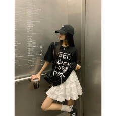 批发实拍~大码女装夏装蝴蝶结黑色短袖T恤A字半身裙蛋糕裙甜美两件套