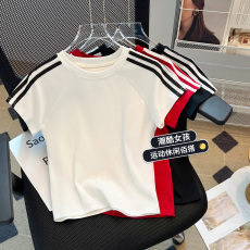 批发实拍美式复古杠条简约圆领短袖T恤女辣妹休闲百搭短款上衣潮