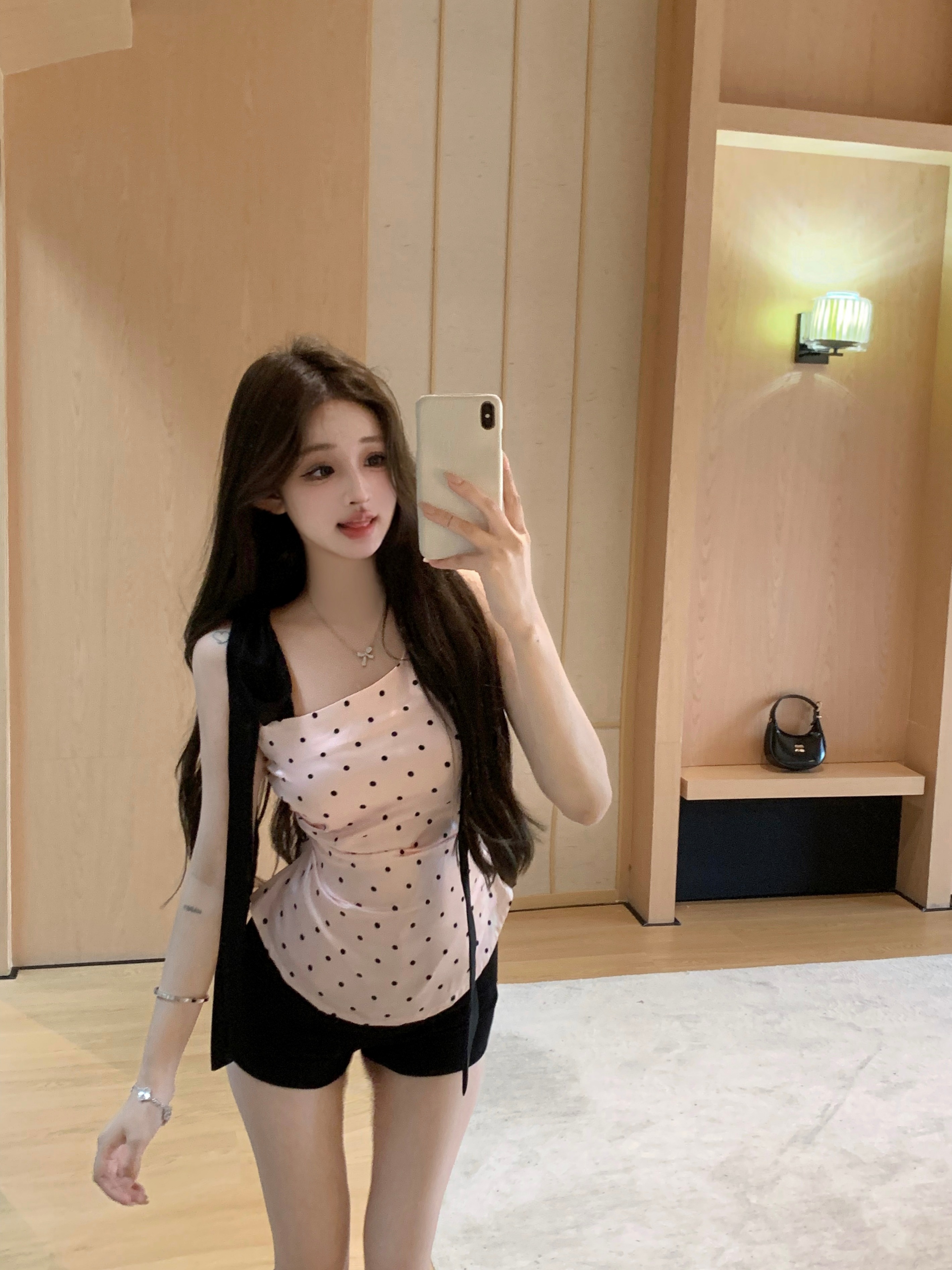 Real shot!  Sweet and spicy contrast color sleeveless slanted shoulder shirt top summer design pink polka dot camisole for women