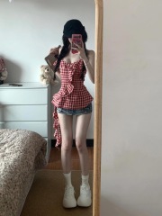 2024夏季紅格甜辣妹不規則荷葉邊飄帶吊帶上衣女