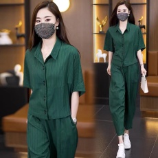 批发爆款休闲套装大码<b class='q'>女</b>装夏季洋气遮肚子衬衫宽松<b class='q'>哈伦裤</b>两件套<b class='q'>女</b>