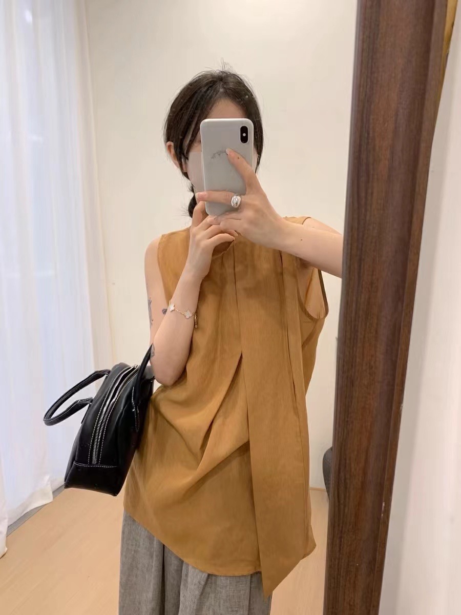 壓褶無袖露肩掛脖背心外穿韓系寬鬆顯瘦娃娃衫上衣女夏