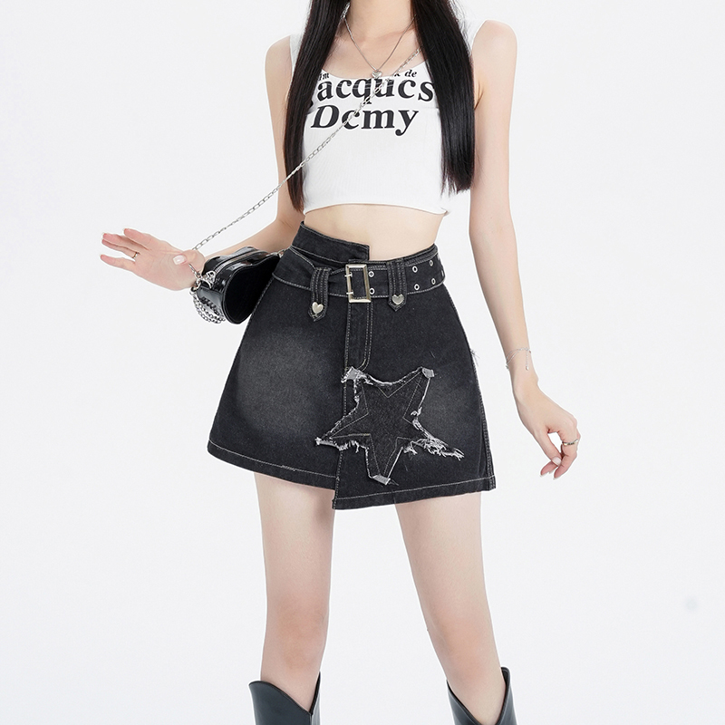 Real shot ~ Star denim skirt for women summer high waist hip skirt design niche hot girl short skirt