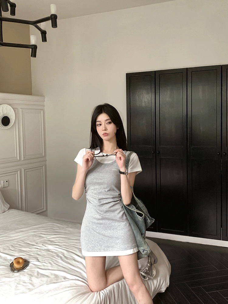 Lin Qianru's new fake two-piece summer temperament slimming waist design small skirt