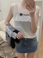 Lace stitching embroidered letters casual vest T-shirt women's summer 2024 new half-sleeved fashionable and versatile top