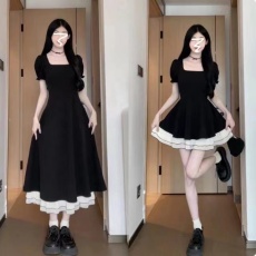 批发拉链+内里撞色短袖裙小黑裙显瘦<b class='q'>中长款</b>连衣裙2026新款长裙子