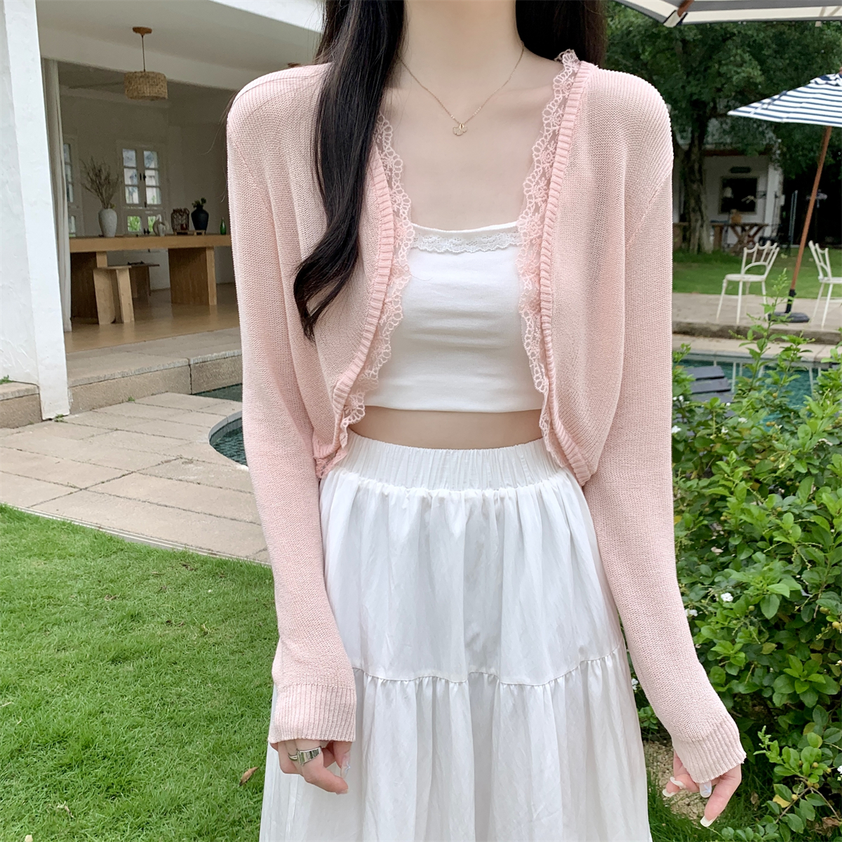 Real shot of summer Korean style loose lace cardigan imitation linen sun protection versatile knitted top for outer wear