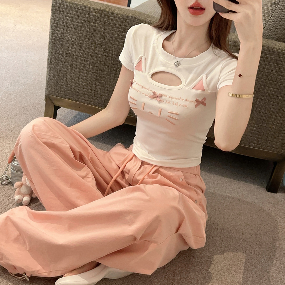 LN41706# 猫猫刺绣镂空短袖T上衣圆领韩版纯色夏 服裝批發女裝批發服飾貨源