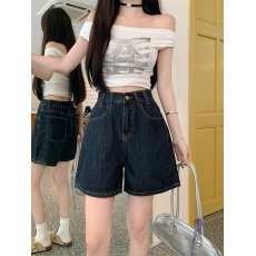 批发实拍 大码女装新款复古蓝松紧腰美式牛仔裤宽松阔腿短裤辣妹热裤