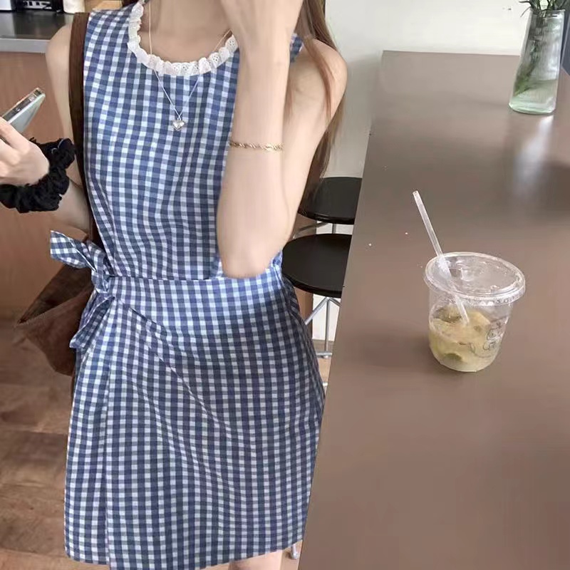 French blue and white plaid lace-up vest dress for women summer 2024 new temperament casual versatile sleeveless short skirt