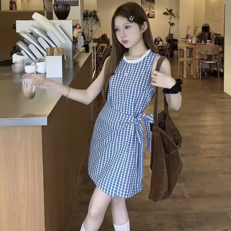 French blue and white plaid lace-up vest dress for women summer 2024 new temperament casual versatile sleeveless short skirt