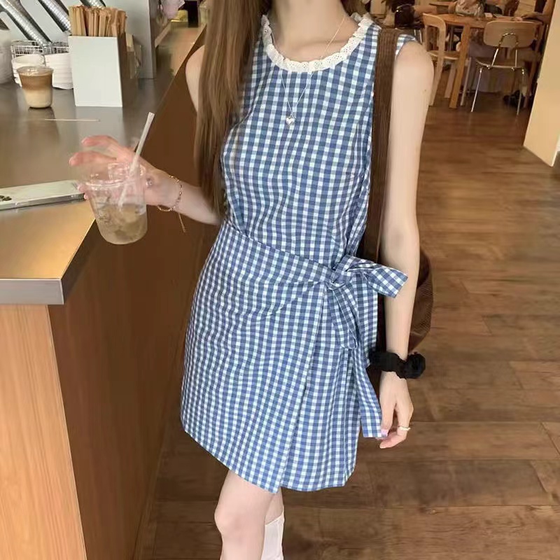 French blue and white plaid lace-up vest dress for women summer 2024 new temperament casual versatile sleeveless short skirt