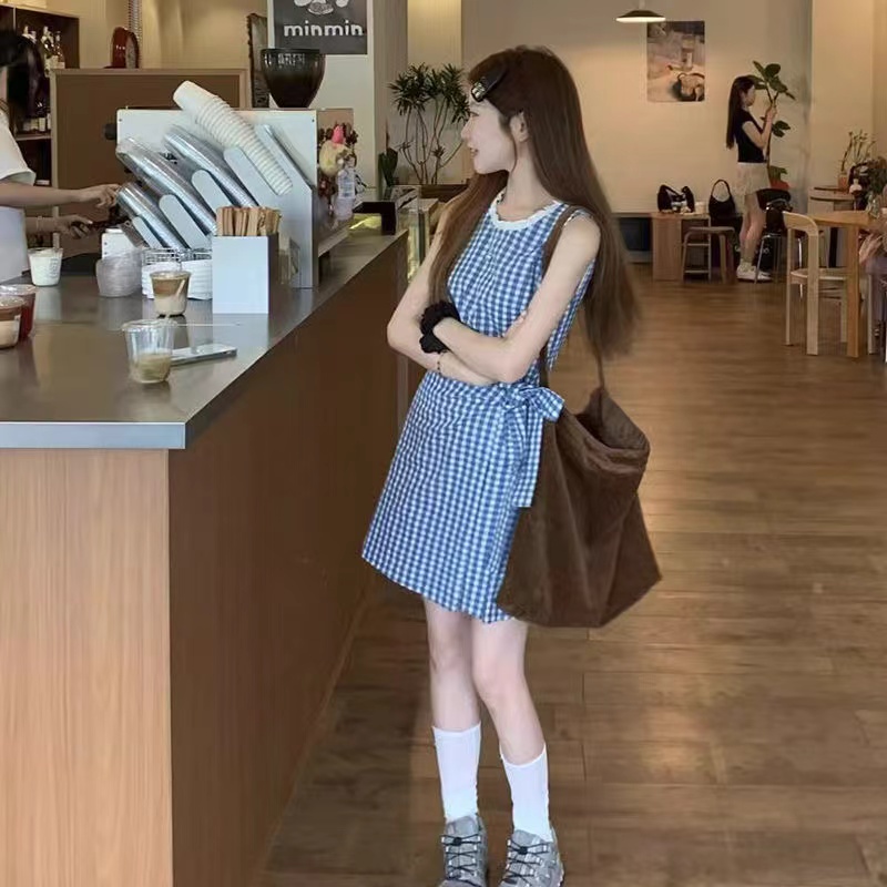 French blue and white plaid lace-up vest dress for women summer 2024 new temperament casual versatile sleeveless short skirt