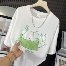 批发实拍 21支210g精梳纯棉夏季薄荷绿可爱毛绒小狗短袖T恤男女上衣潮