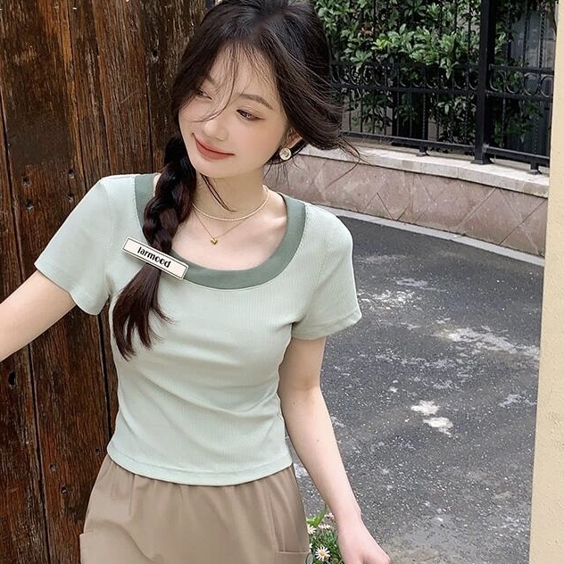 92 Cotton 8 Spandex 260g Color Block Square Collar Crew Neck Short Sleeve T-shirt for Women 2024 Summer New Arrival Short Sleeve Slimming Top Trendy