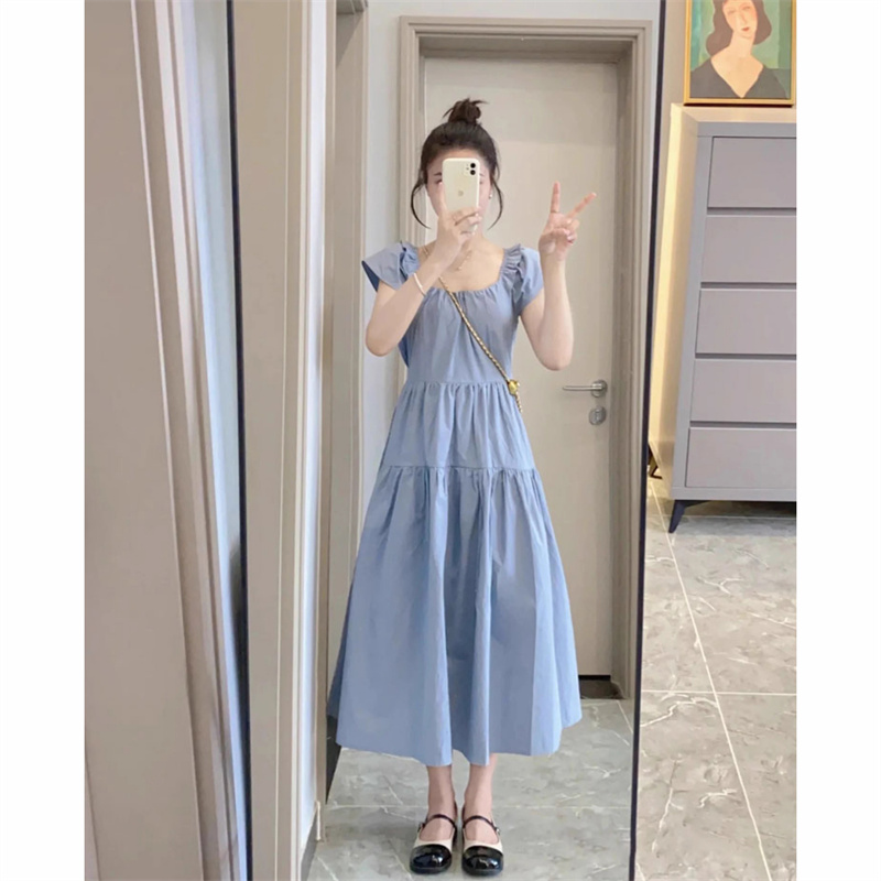 빅 사이즈 프랑스식 광장 칼라 작은 날다 소매 루즈핏 하이웨이스트 슬림해 보이는 여성 드레스 여름 부드러운 바람 품격 요정 롱 스커트