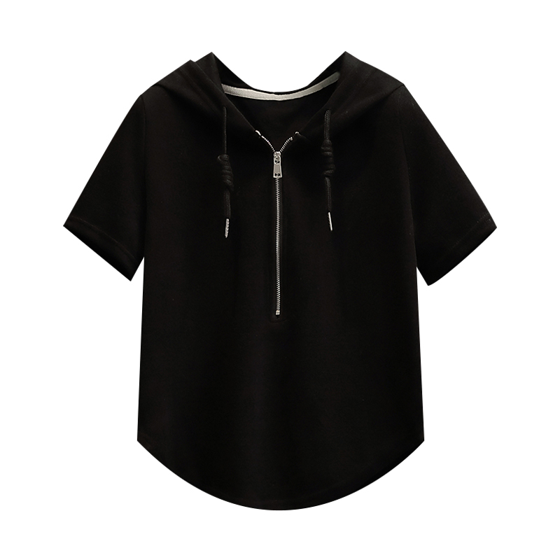 35% cotton 250g quality black label plus size women's short sleeve hooded T-shirt right shoulder top M-4XL