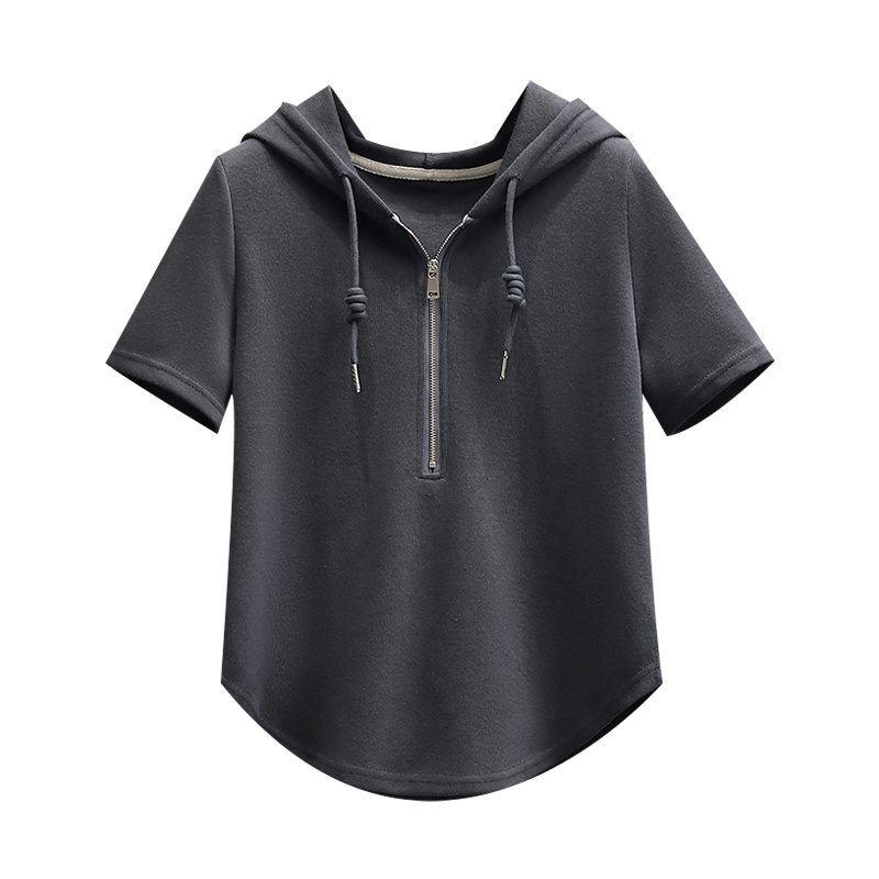 35% cotton 250g quality black label plus size women's short sleeve hooded T-shirt right shoulder top M-4XL