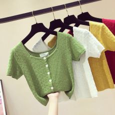 批发短款镂空方领针织T恤上衣2026夏季新款<b class='q'>韩版</b>修身短袖<b class='q'>打底衫</b>ins半袖