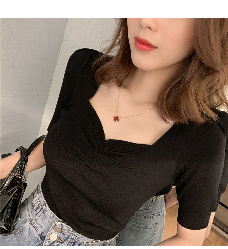 2026 여름 새로운 한국 스타일 디자인 센스 광장 칼라 펌프 Pleat 반팔 니트 스웨터 여성 chic 슬림해 보이는 조심해. 선상에서 의류