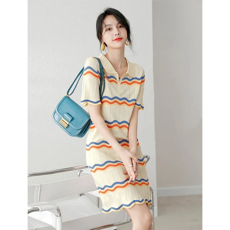 Tmall quality striped Polo dress summer knitted ice silk 2024 new summer design niche