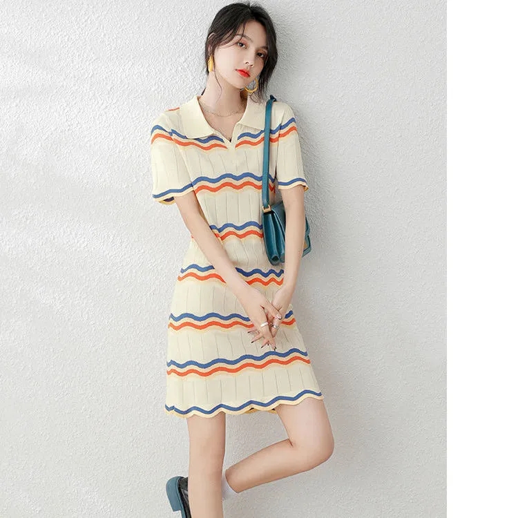 Tmall quality striped Polo dress summer knitted ice silk 2024 new summer design niche