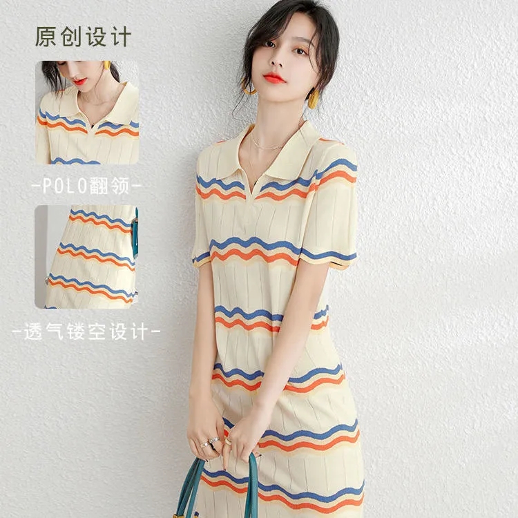 Tmall quality striped Polo dress summer knitted ice silk 2024 new summer design niche