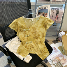 批发扎染蕾丝衫新中式国风盘扣小飞袖衬衫别致开叉斜v领网纱小上衣女