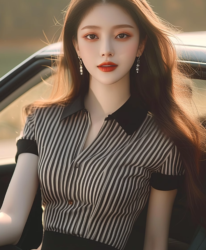 얼음 실크 반팔 여성 티셔츠 여름 세련된 패션 외국 가스 디자인 센스 작은 대중 Chic 맨위 검정색 스트라이프 POLO 셔츠
