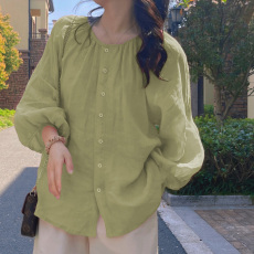 批发夏装新款大码<b class='q'>女装</b>宽松100支加密苎麻八分袖衬衫女M-4XL200斤