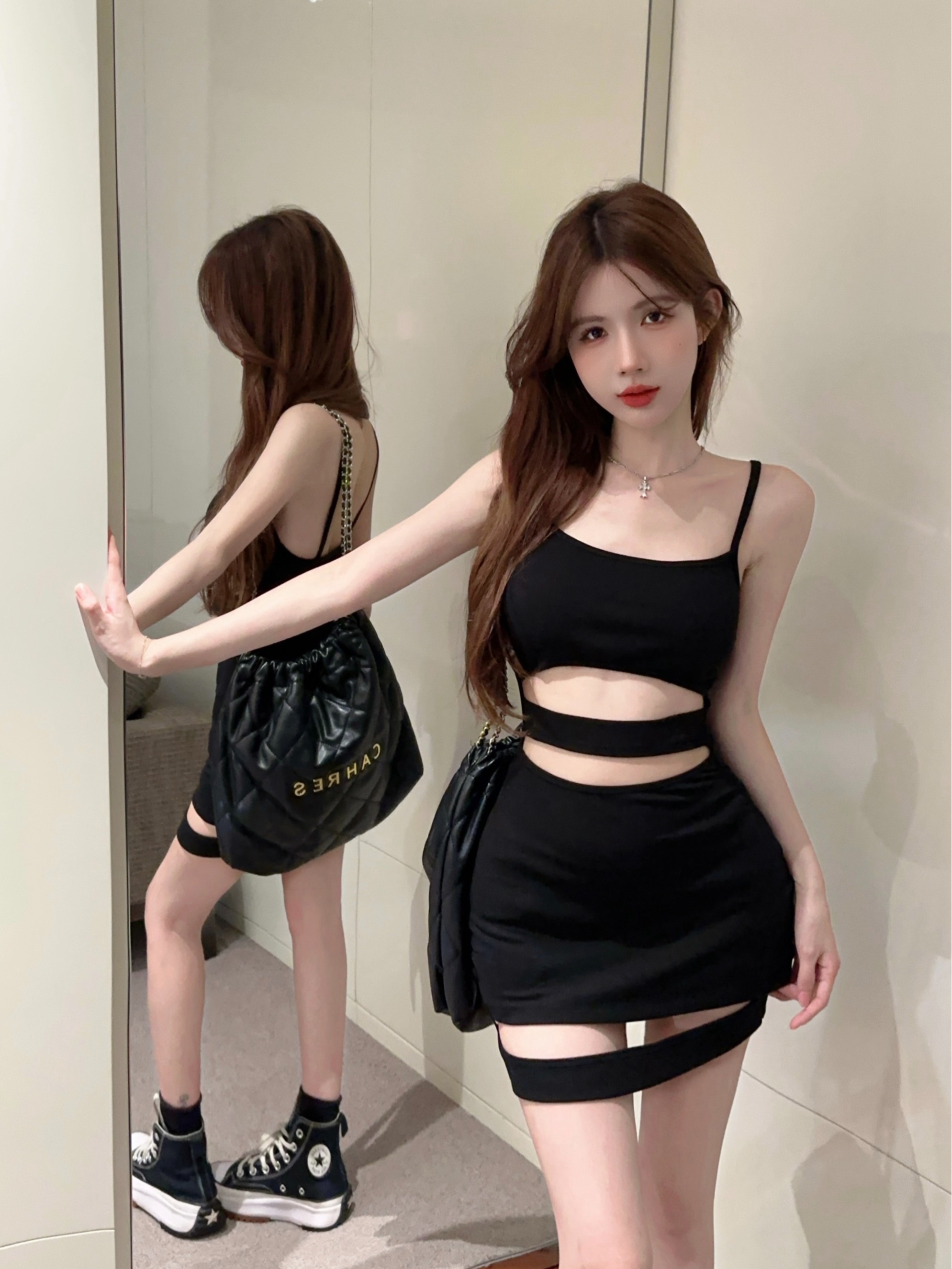 Real shot ~ hot girl black hollow waist exposed slim fit elastic hip-covering fashion sexy suspender dress for women